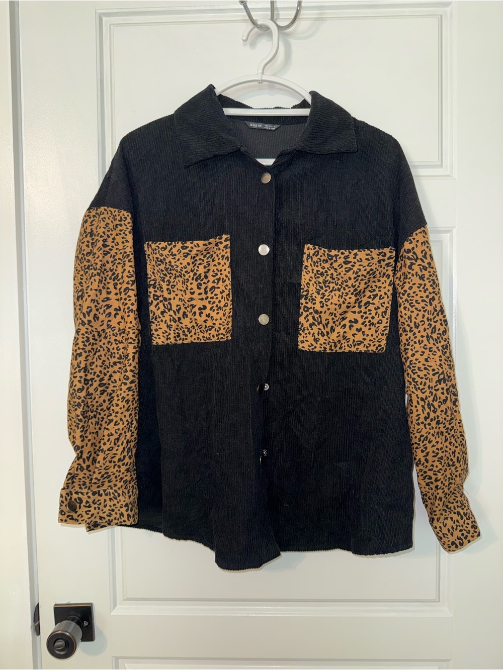 SHEIN Black Corduroy Jacket with Tan Leopard Patches